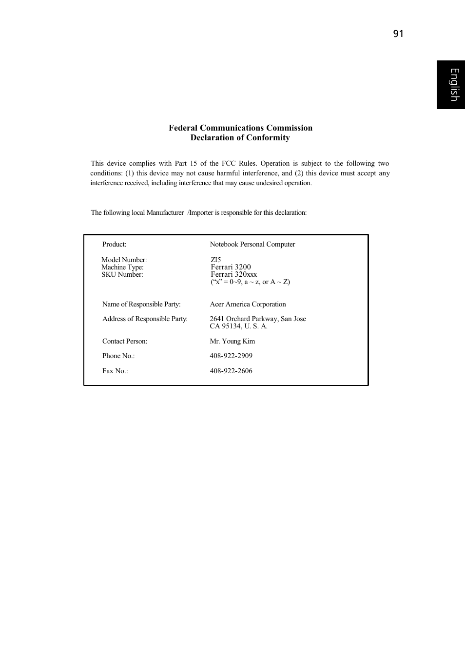 Eng lish e ngl is h | Acer Ferrari 3200 User Manual | Page 101 / 105