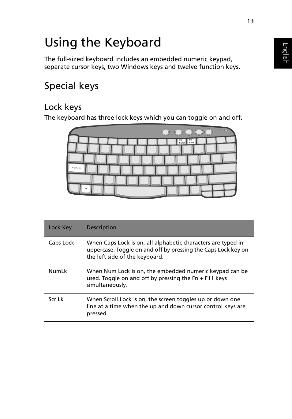 Using the keyboard, Special keys, Lock keys | Acer Ferrari 3200 User Manual | Page 23 / 105