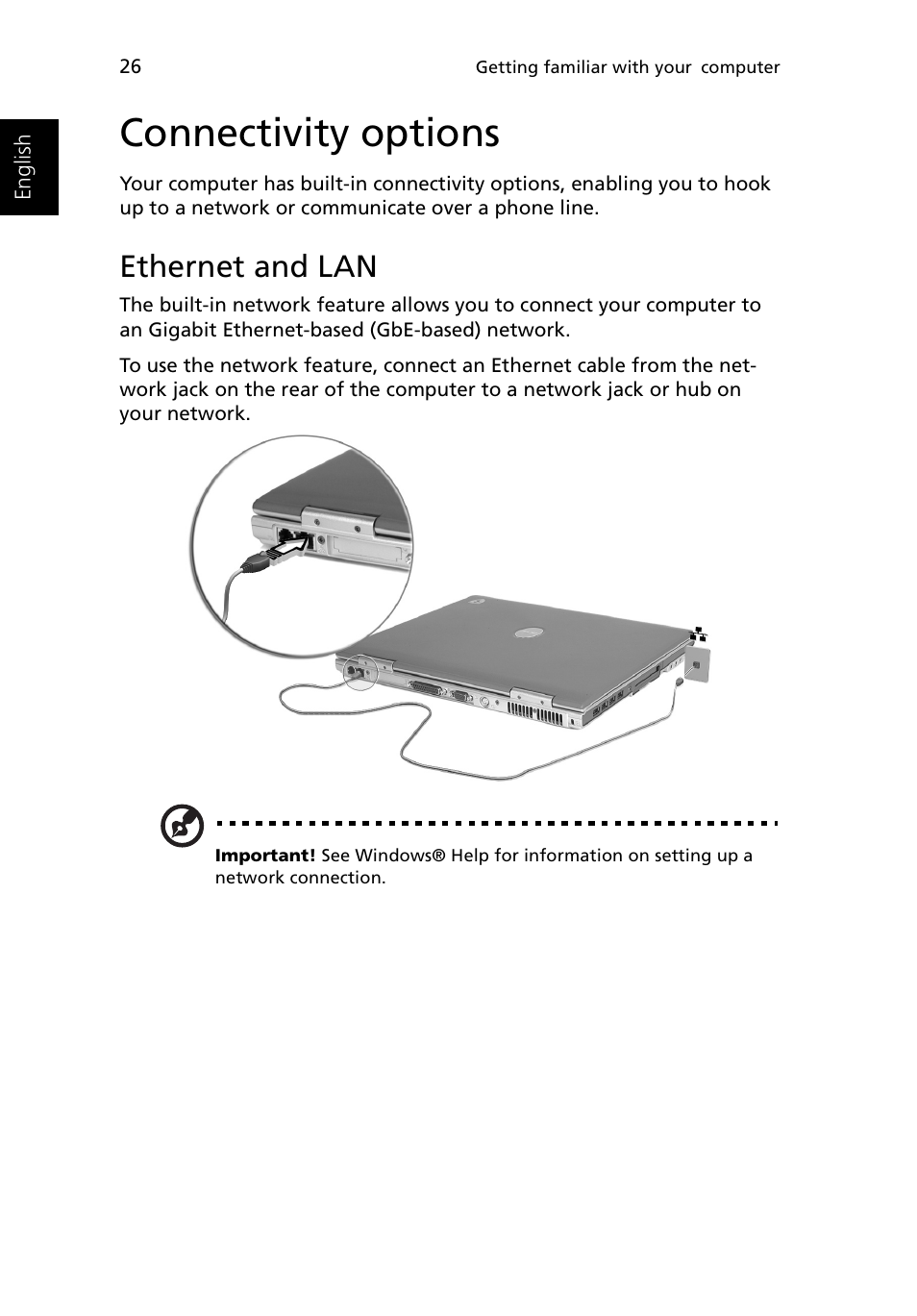 Connectivity options, Ethernet and lan | Acer Ferrari 3200 User Manual | Page 36 / 105