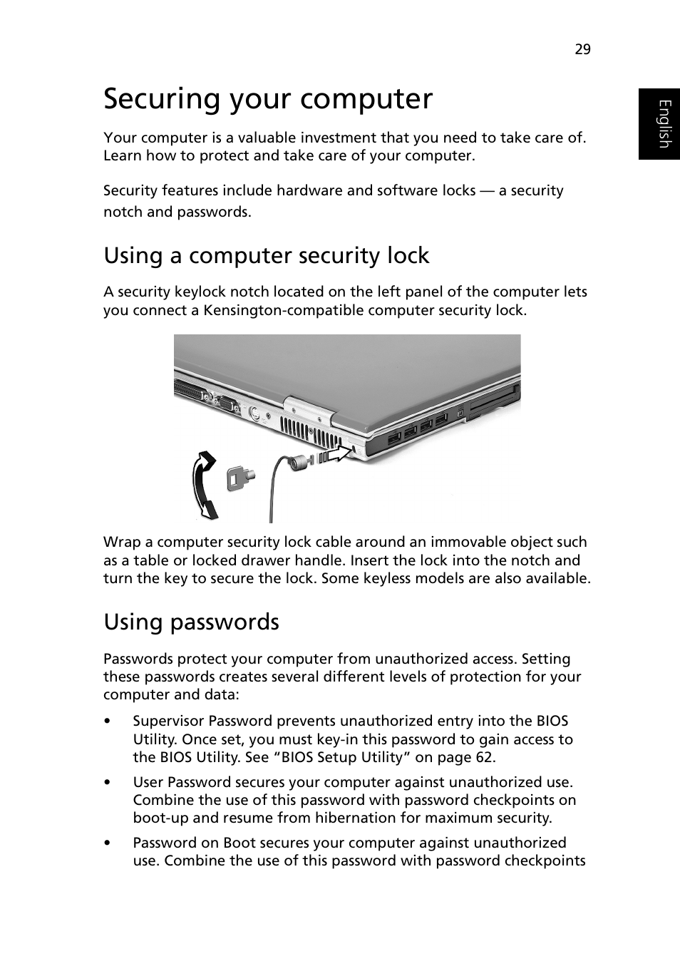 Securing your computer, Using a computer security lock, Using passwords | Acer Ferrari 3200 User Manual | Page 39 / 105