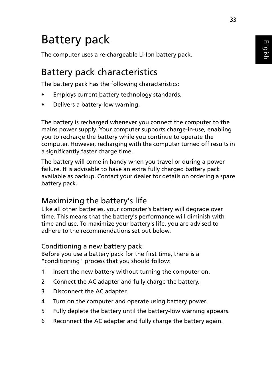 Battery pack, Battery pack characteristics, Maximizing the battery's life | Acer Ferrari 3200 User Manual | Page 43 / 105