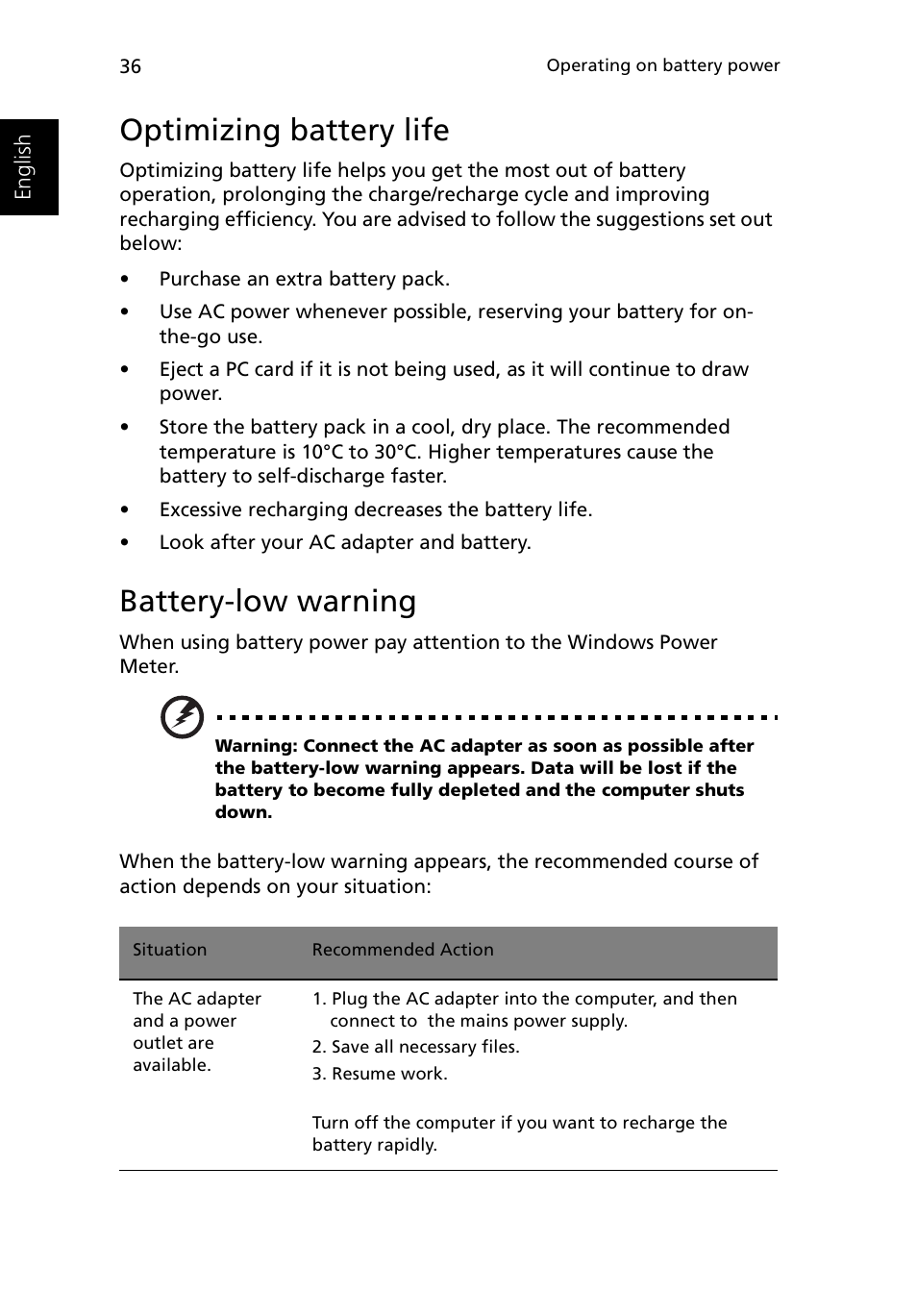 Optimizing battery life, Battery-low warning | Acer Ferrari 3200 User Manual | Page 46 / 105