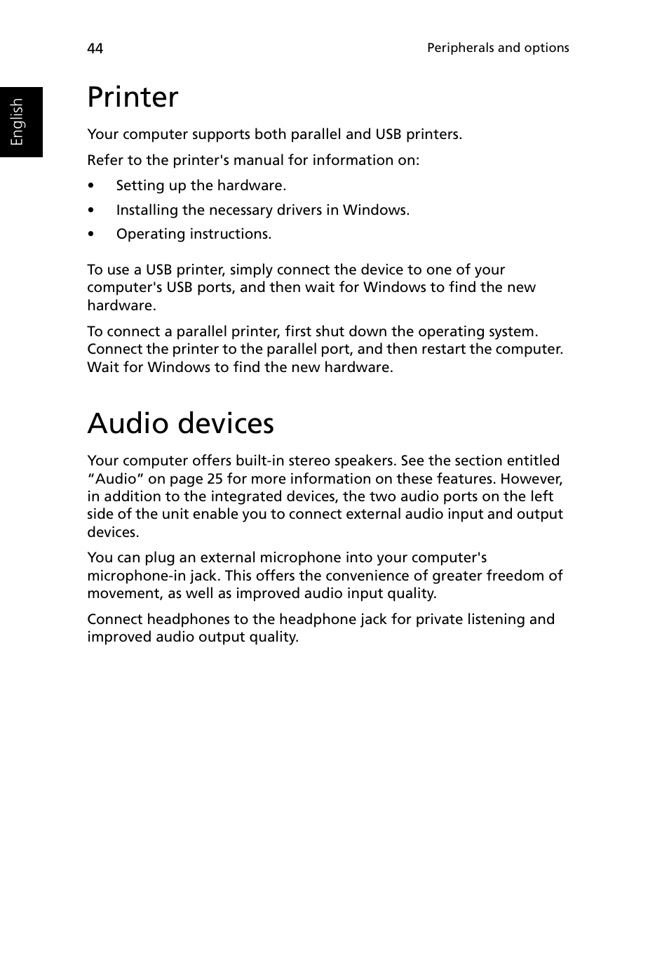 Printer, Audio devices | Acer Ferrari 3200 User Manual | Page 54 / 105