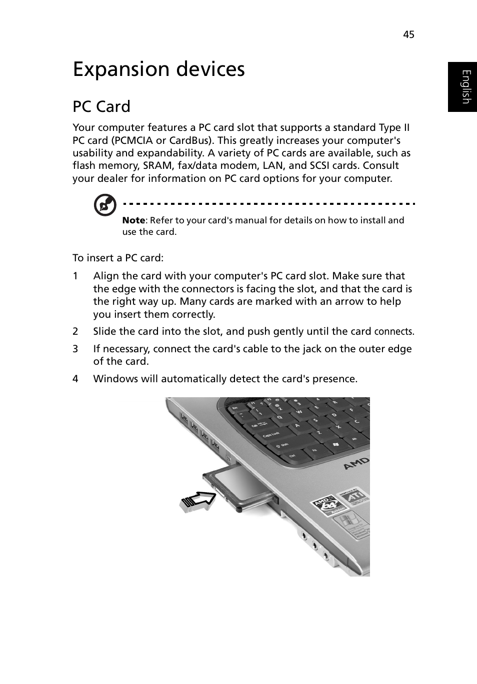 Expansion devices, Pc card | Acer Ferrari 3200 User Manual | Page 55 / 105