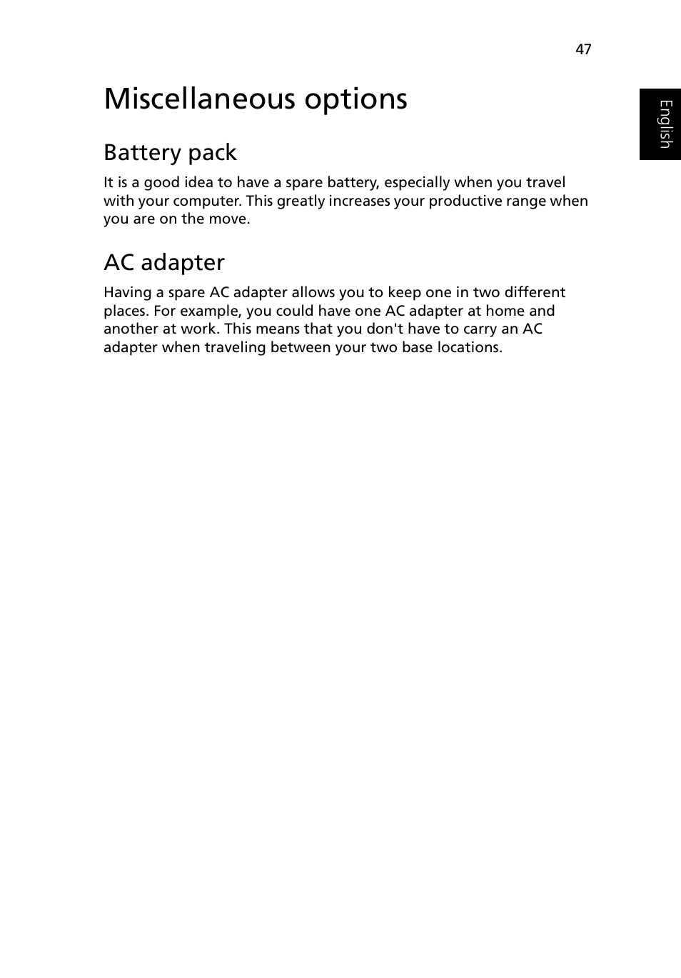 Miscellaneous options, Battery pack, Ac adapter | Acer Ferrari 3200 User Manual | Page 57 / 105