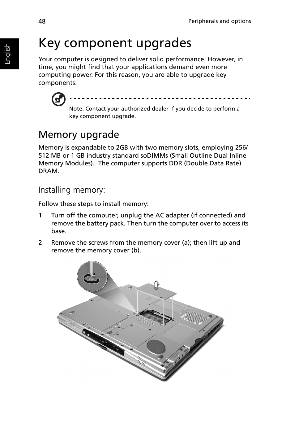 Key component upgrades, Memory upgrade | Acer Ferrari 3200 User Manual | Page 58 / 105