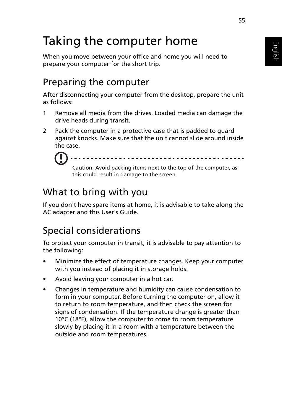 Taking the computer home, Preparing the computer, What to bring with you | Special considerations | Acer Ferrari 3200 User Manual | Page 65 / 105
