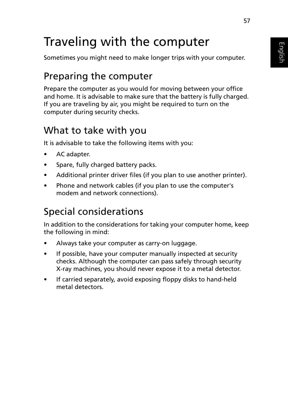 Traveling with the computer, Preparing the computer, What to take with you | Special considerations | Acer Ferrari 3200 User Manual | Page 67 / 105