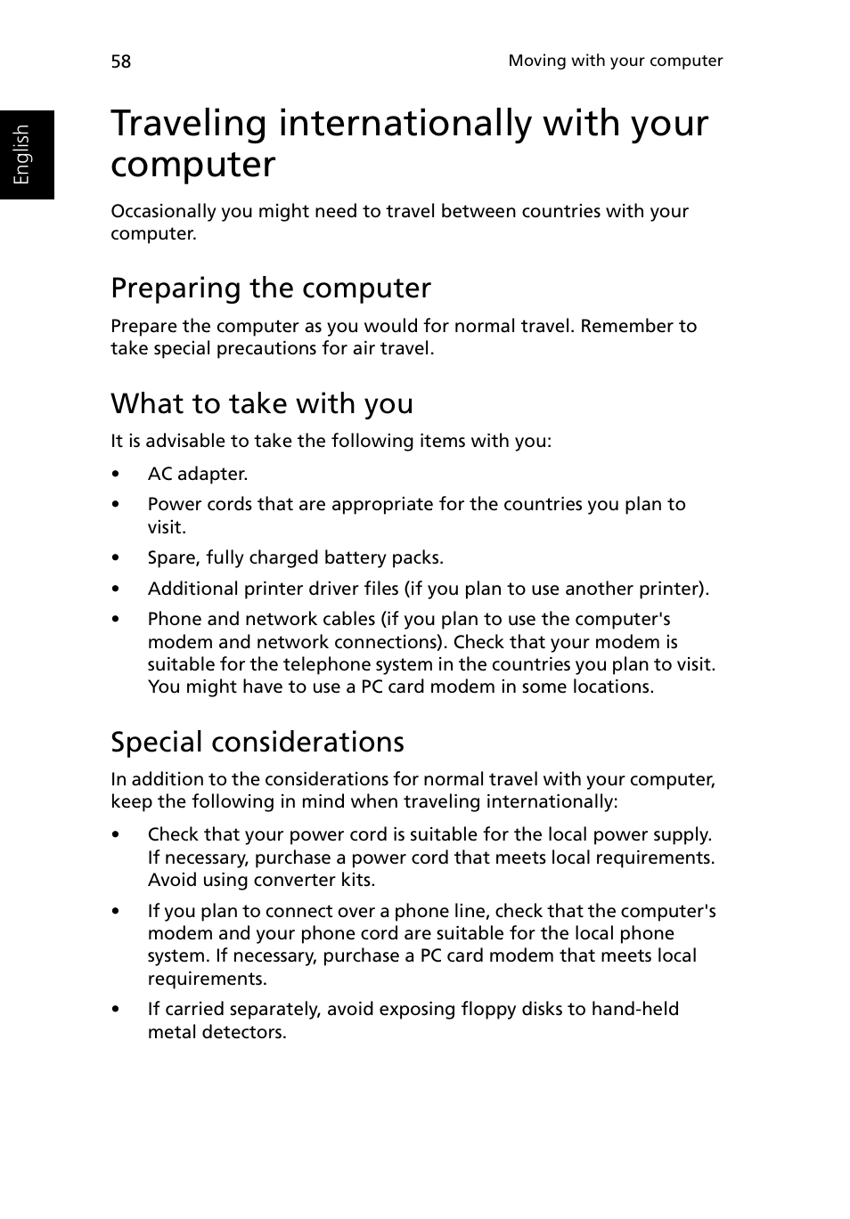 Traveling internationally with your computer, Preparing the computer, What to take with you | Special considerations | Acer Ferrari 3200 User Manual | Page 68 / 105