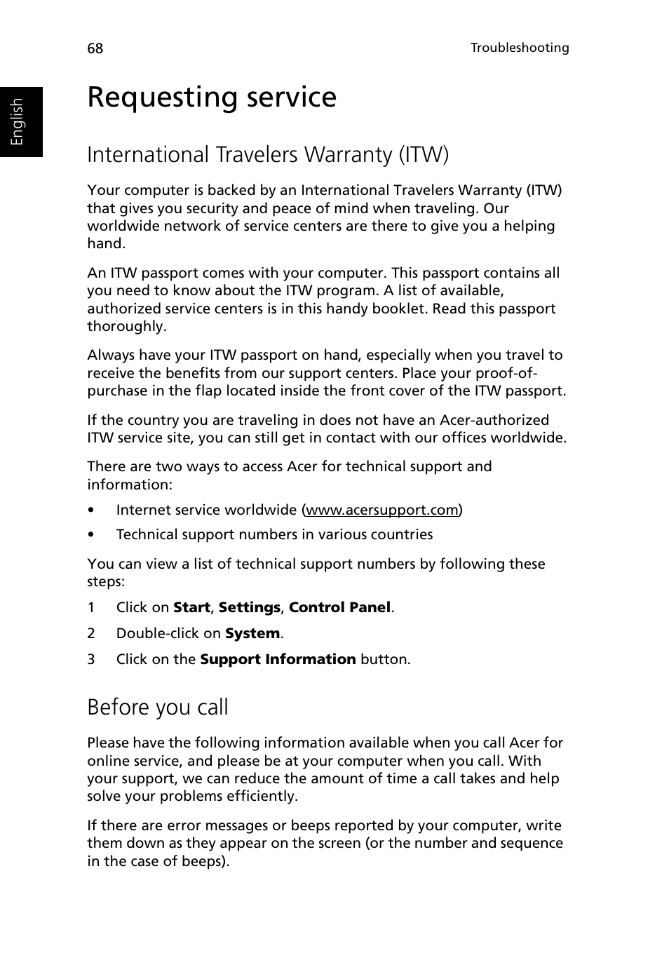 Requesting service, International travelers warranty (itw), Before you call | Acer Ferrari 3200 User Manual | Page 78 / 105