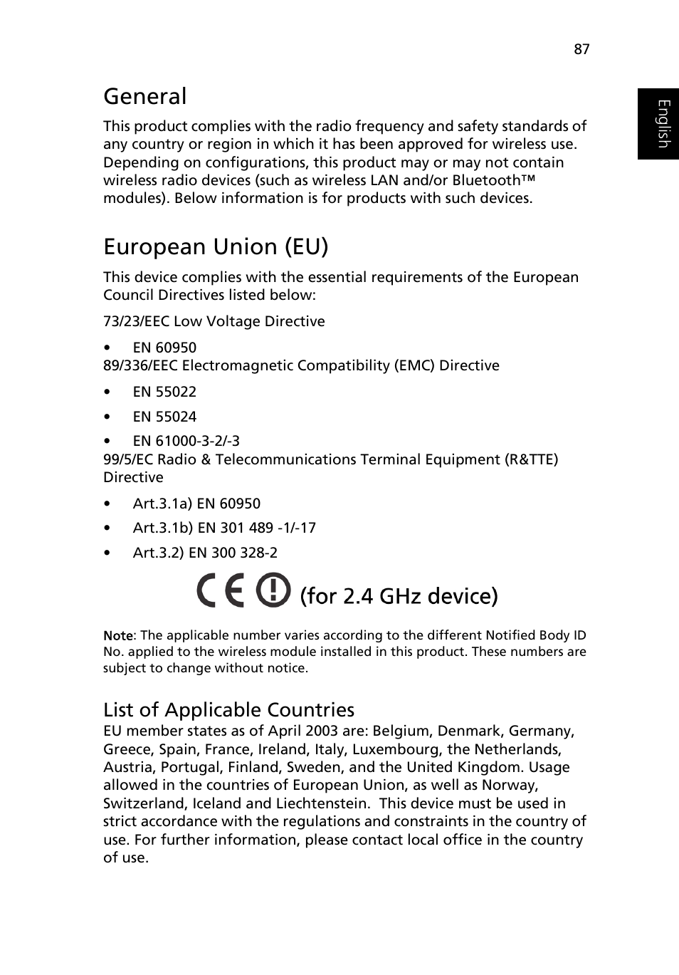 General, European union (eu), List of applicable countries | Acer Ferrari 3200 User Manual | Page 97 / 105