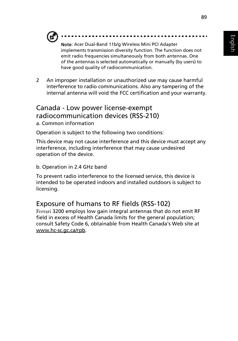 Exposure of humans to rf fields (rss-102) | Acer Ferrari 3200 User Manual | Page 99 / 105