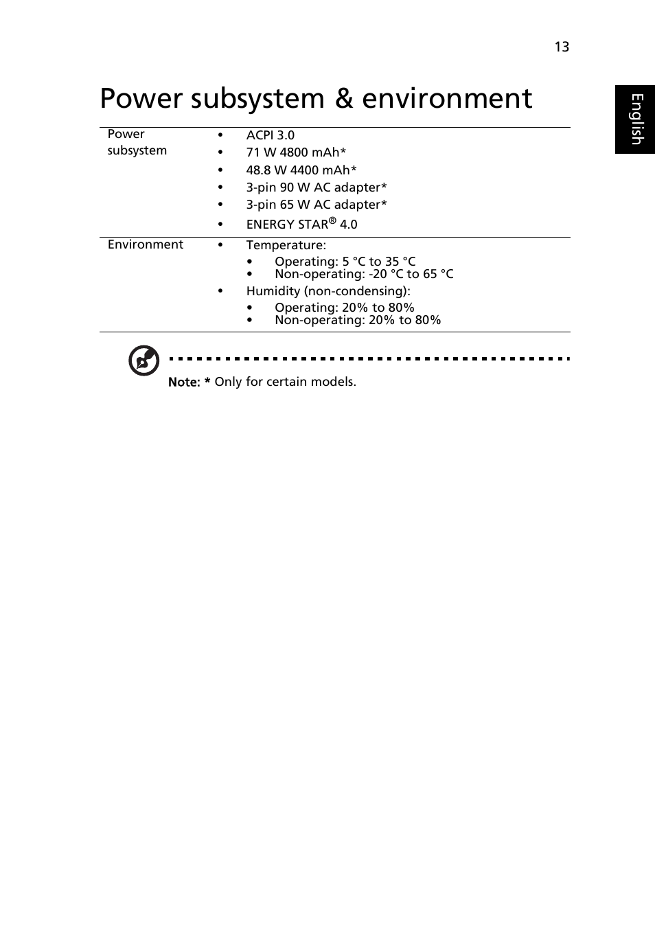 Power subsystem & environment | Acer Aspire 6935G User Manual | Page 13 / 13