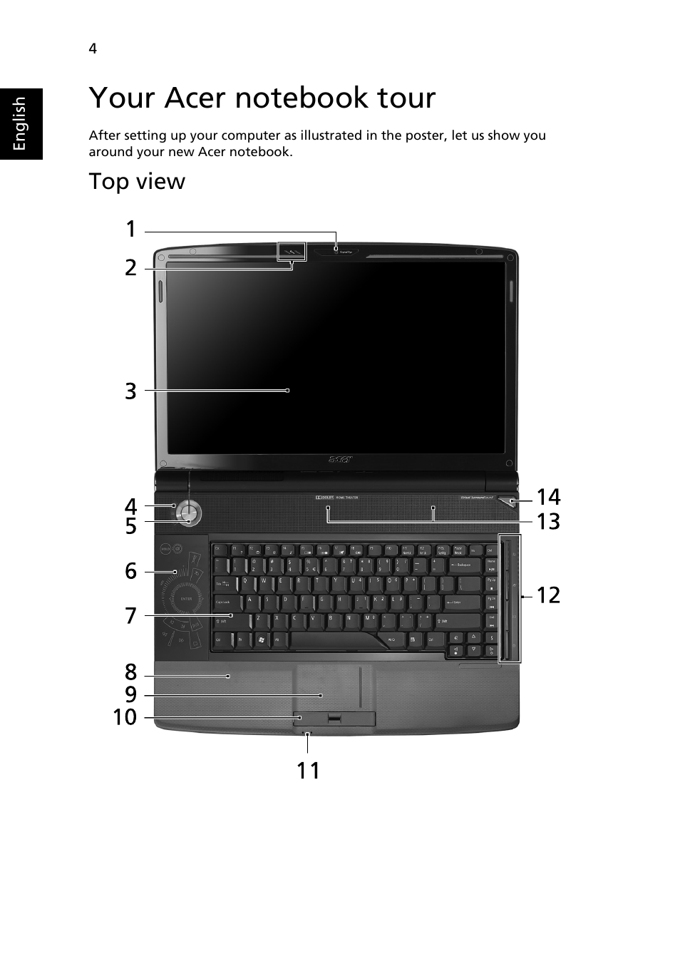 Your acer notebook tour, Top view | Acer Aspire 6935G User Manual | Page 4 / 13