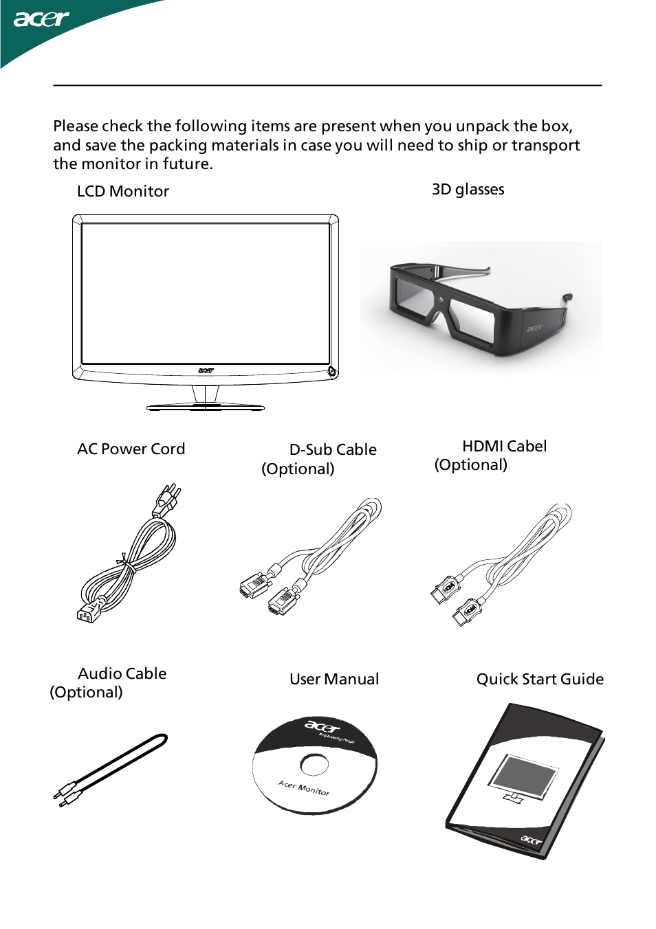 Unpacking | Acer HS244HQ User Manual | Page 6 / 25