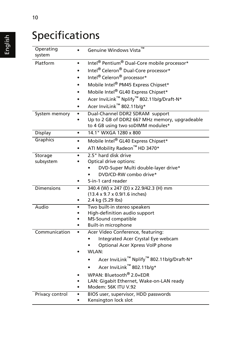 Specifications, English | Acer Aspire 4330 User Manual | Page 10 / 11
