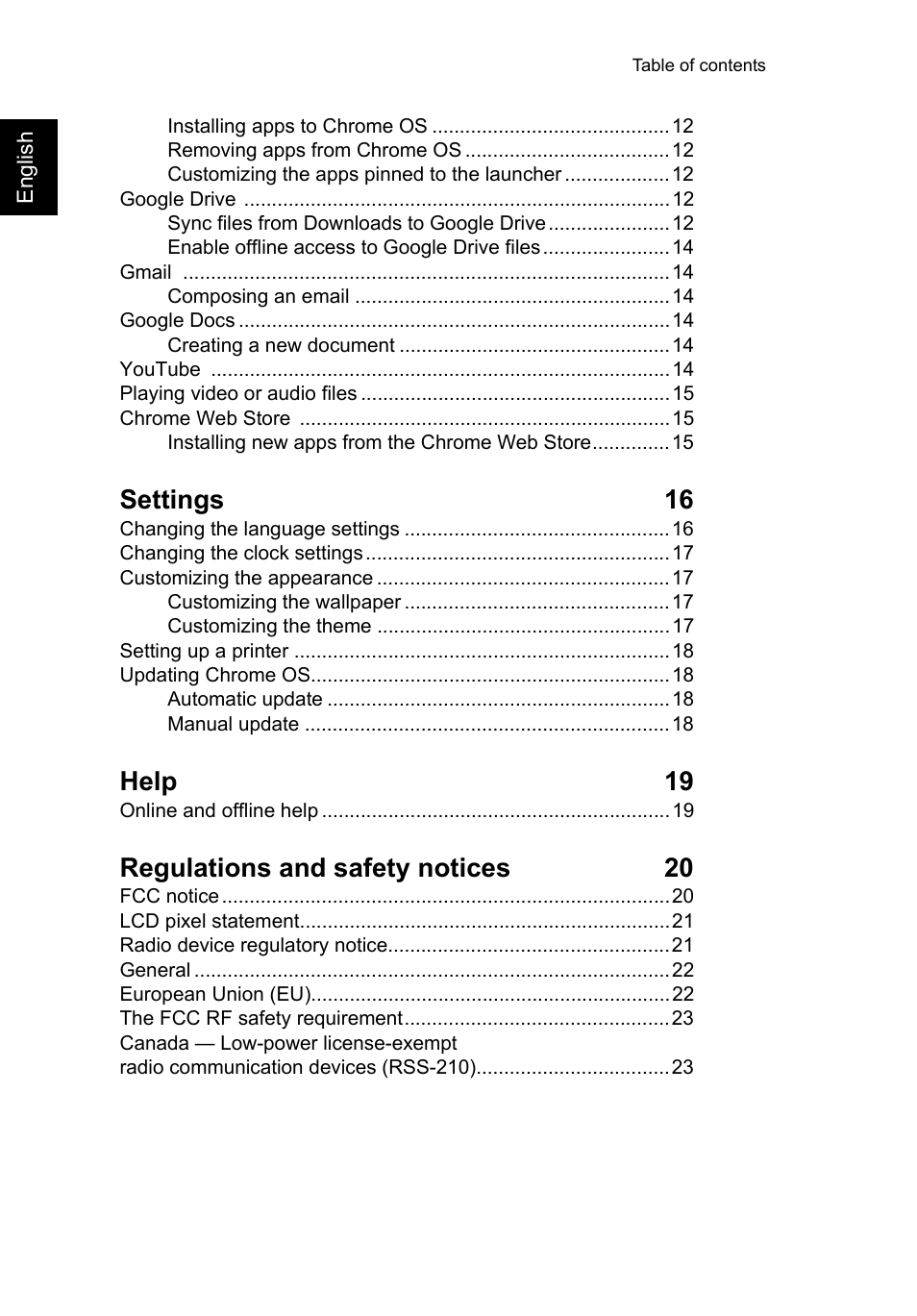 Settings 16, Help 19, Regulations and safety notices 20 | Acer C710 User Manual | Page 14 / 37