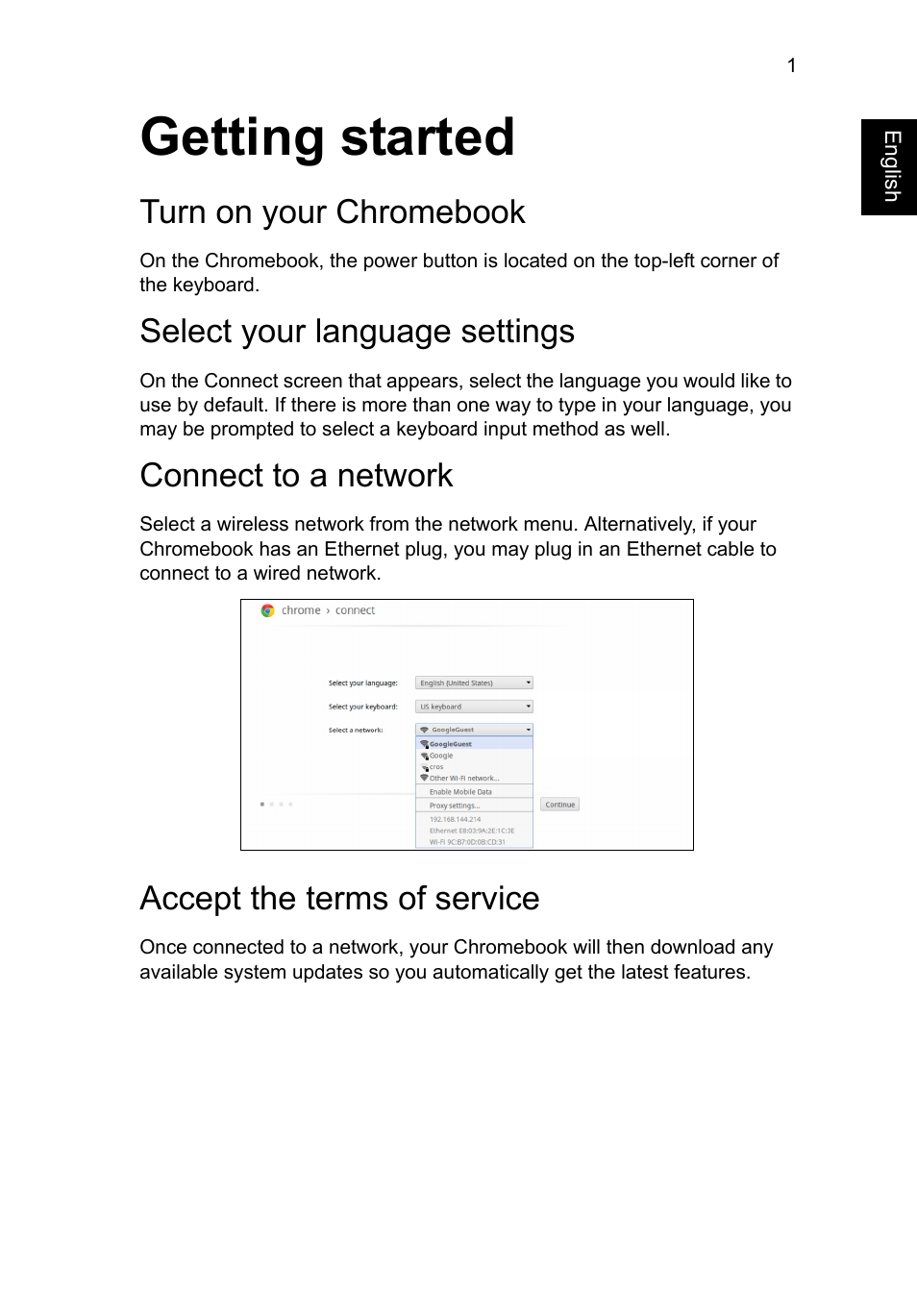 Getting started, Turn on your chromebook, Select your language settings | Connect to a network, Accept the terms of service | Acer C710 User Manual | Page 15 / 37