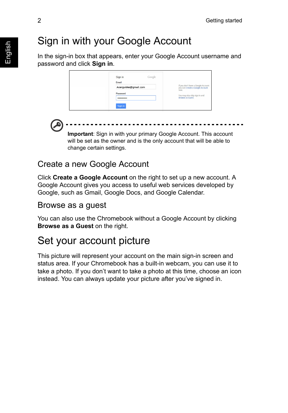Sign in with your google account, Create a new google account, Browse as a guest | Set your account picture, Create a new google account browse as a guest | Acer C710 User Manual | Page 16 / 37