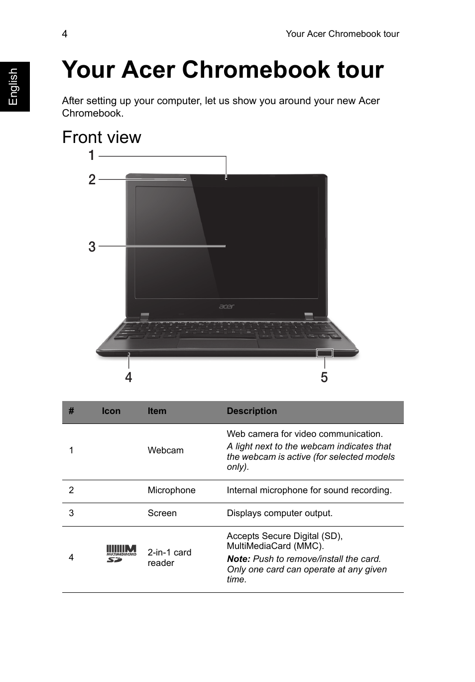 Your acer chromebook tour, Front view | Acer C710 User Manual | Page 18 / 37