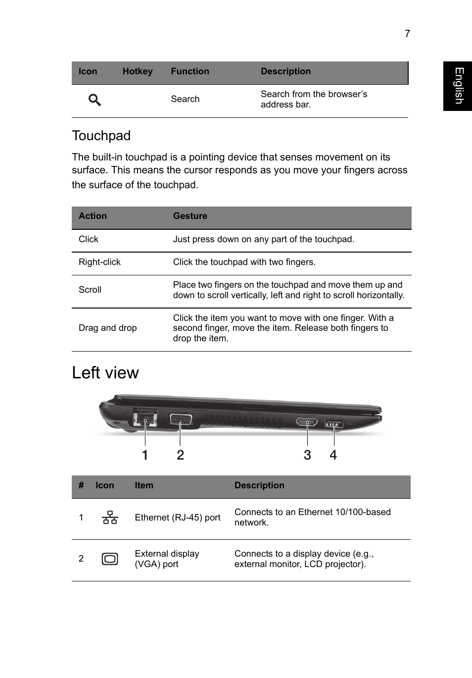 Touchpad, Left view | Acer C710 User Manual | Page 21 / 37