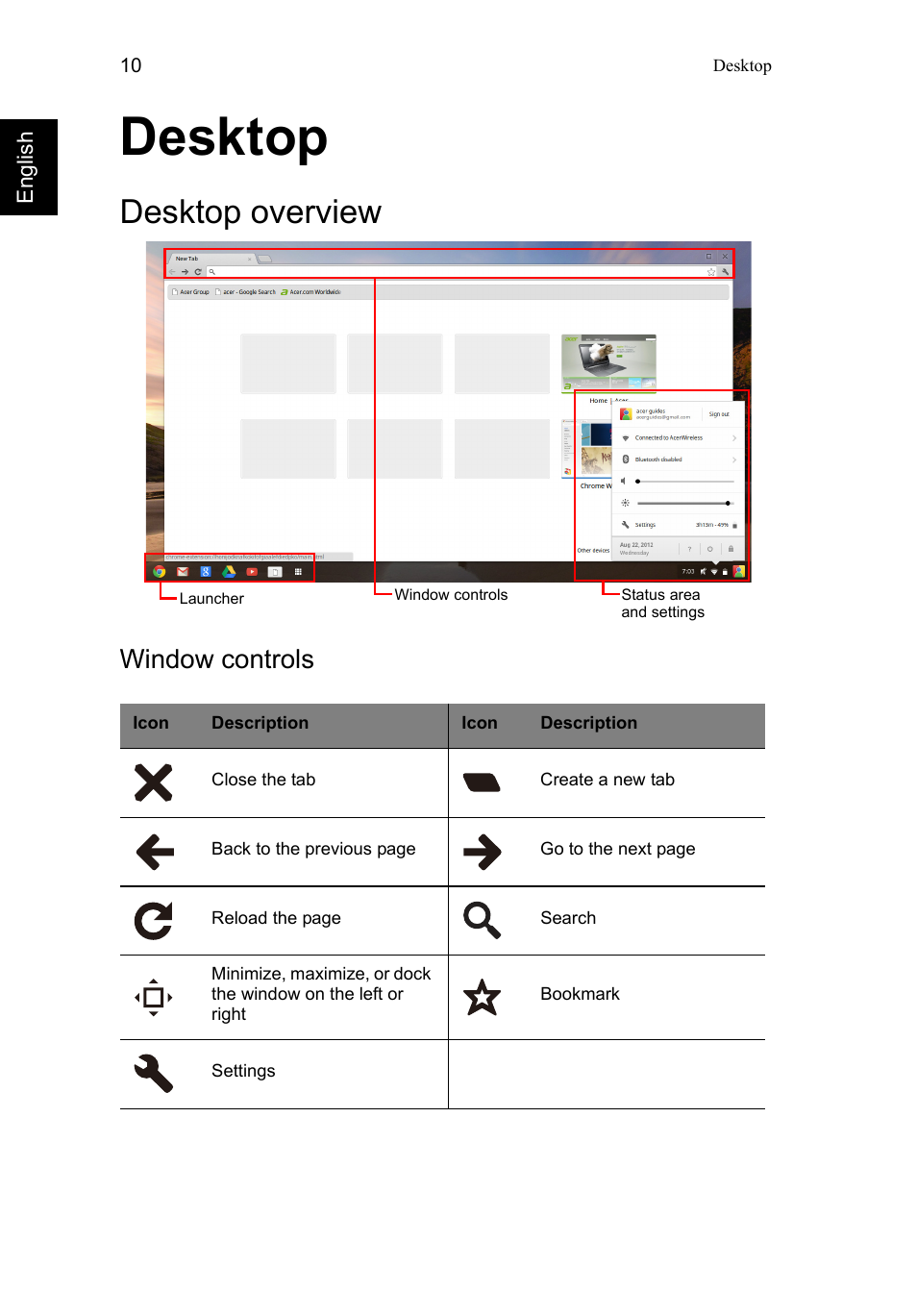 Desktop, Desktop overview, Window controls | Acer C710 User Manual | Page 24 / 37