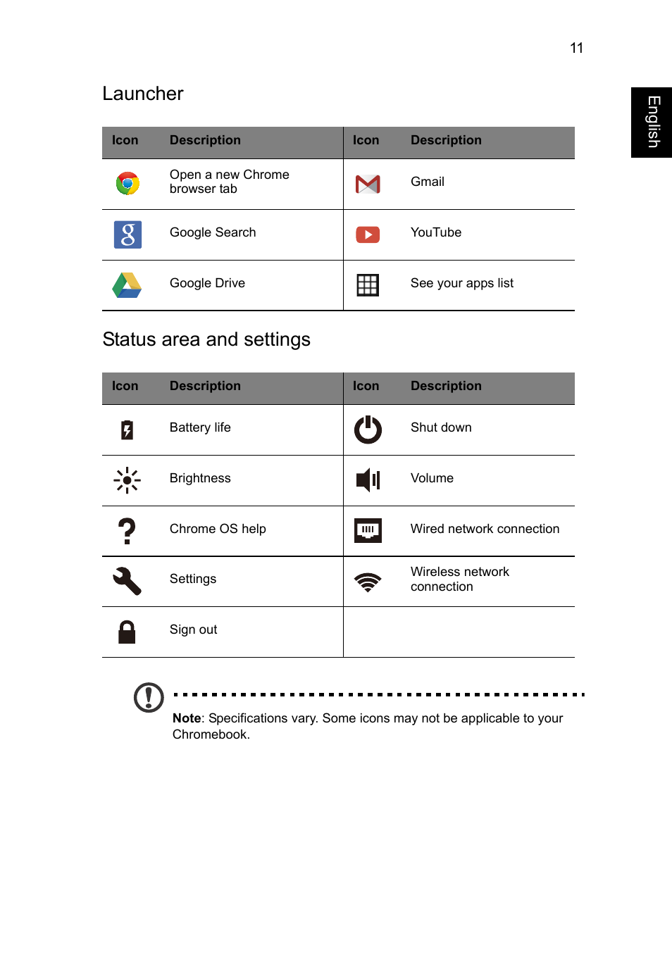 Launcher, Status area and settings, Launcher status area and settings | Acer C710 User Manual | Page 25 / 37