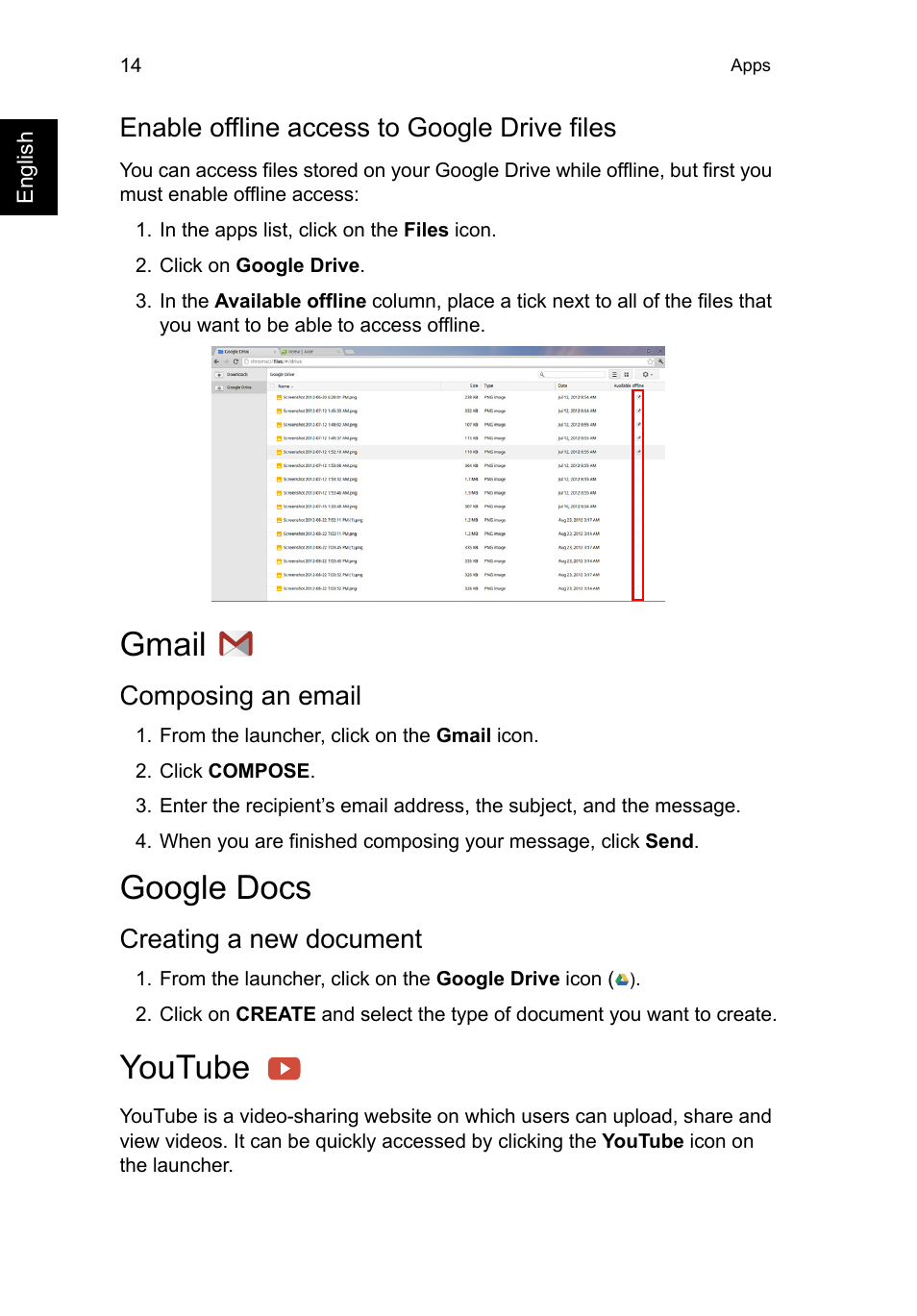 Enable offline access to google drive files, Gmail, Composing an email | Google docs, Creating a new document, Youtube | Acer C710 User Manual | Page 28 / 37