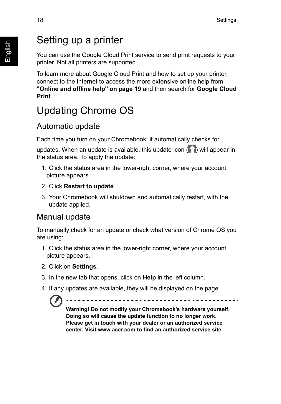 Setting up a printer, Updating chrome os, Automatic update | Manual update, Setting up a printer updating chrome os, Automatic update manual update | Acer C710 User Manual | Page 32 / 37