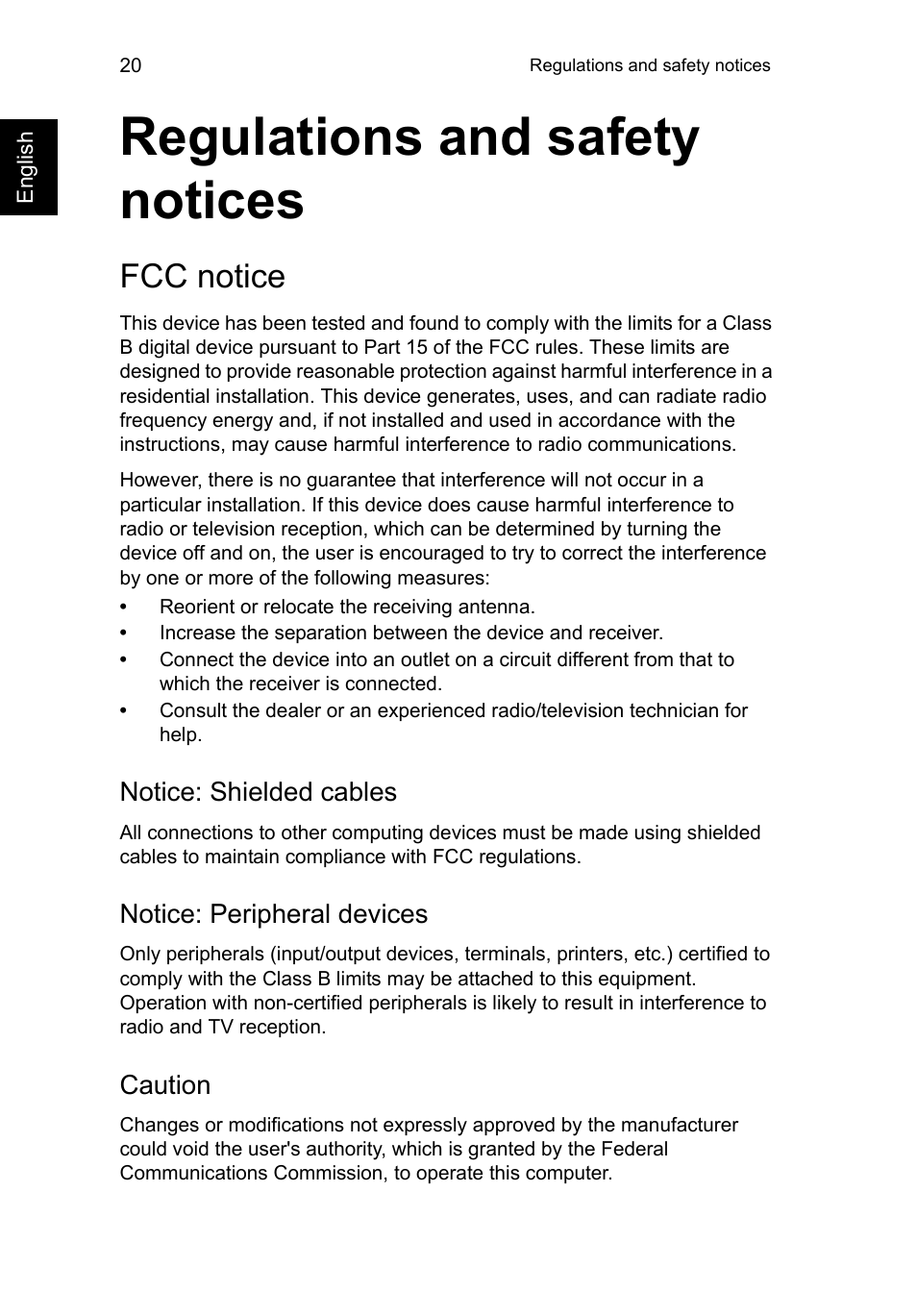 Regulations and safety notices, Fcc notice, Notice: shielded cables | Notice: peripheral devices, Caution | Acer C710 User Manual | Page 34 / 37
