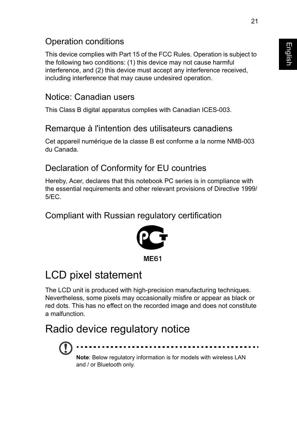 Lcd pixel statement, Radio device regulatory notice, Lcd pixel statement radio device regulatory notice | Acer C710 User Manual | Page 35 / 37