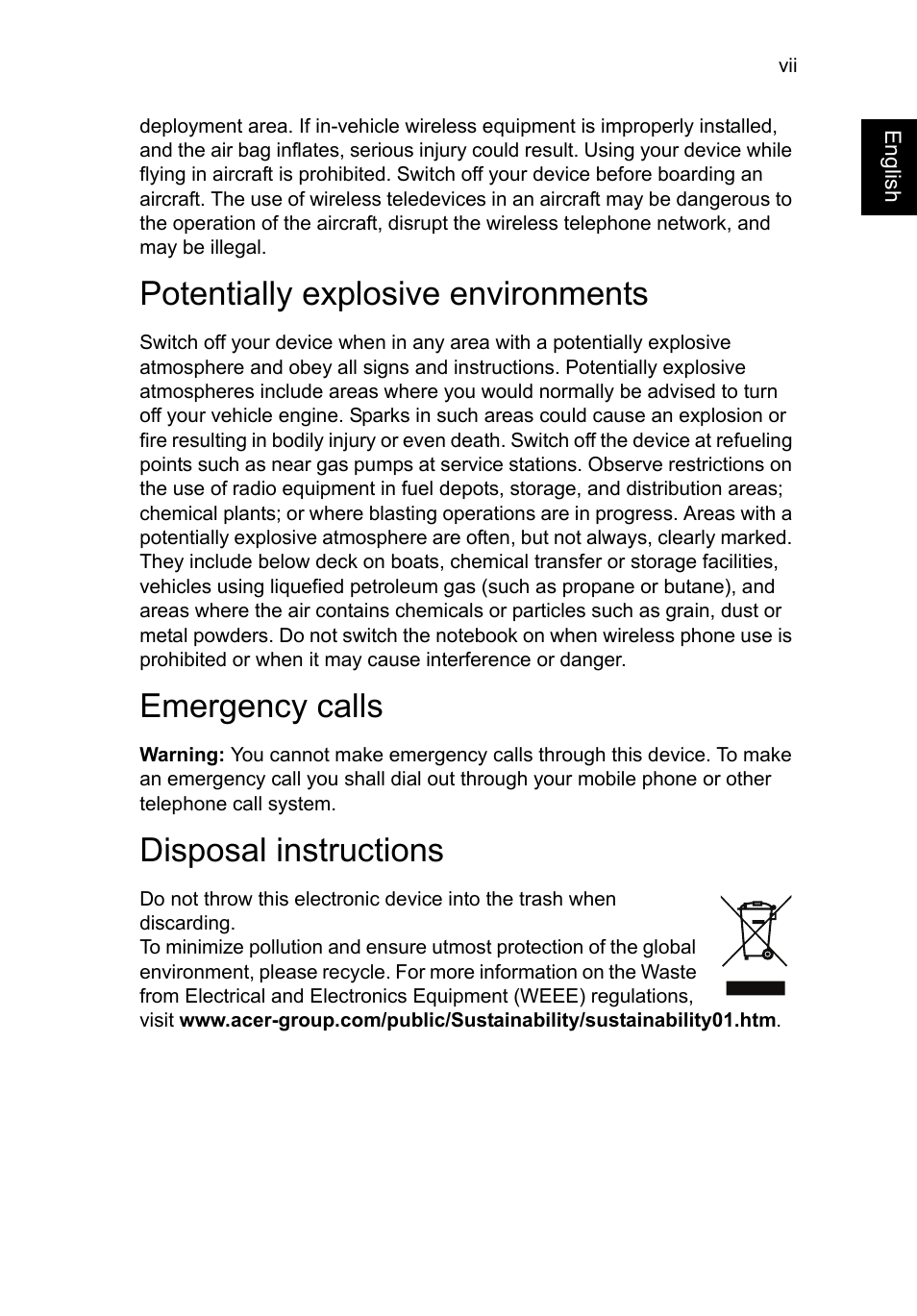 Potentially explosive environments, Emergency calls, Disposal instructions | Acer C710 User Manual | Page 9 / 37