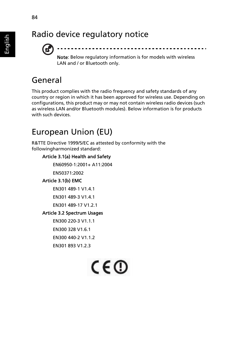 Radio device regulatory notice, General, European union (eu) | Acer Aspire 6920G User Manual | Page 104 / 109