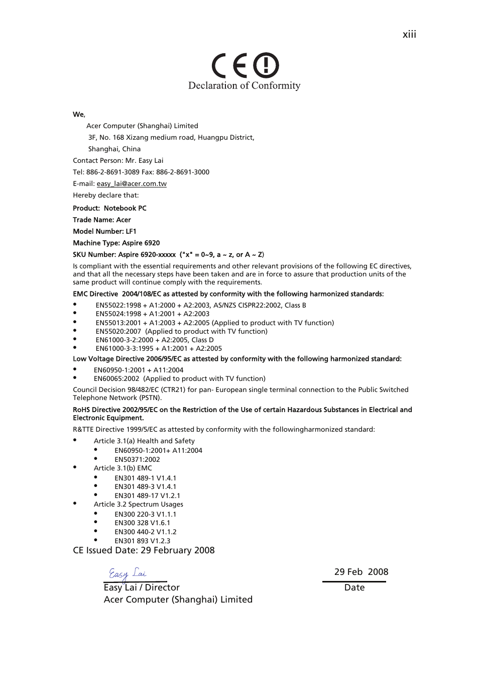 Xiii | Acer Aspire 6920G User Manual | Page 13 / 109