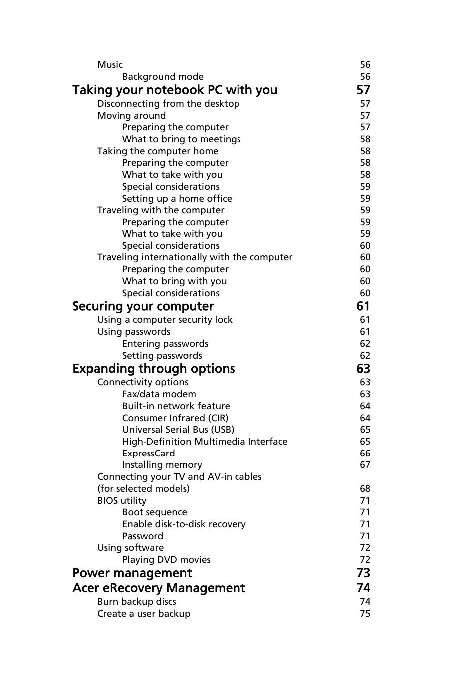 Securing your computer 61, Expanding through options 63, Power management 73 acer erecovery management 74 | Acer Aspire 6920G User Manual | Page 19 / 109