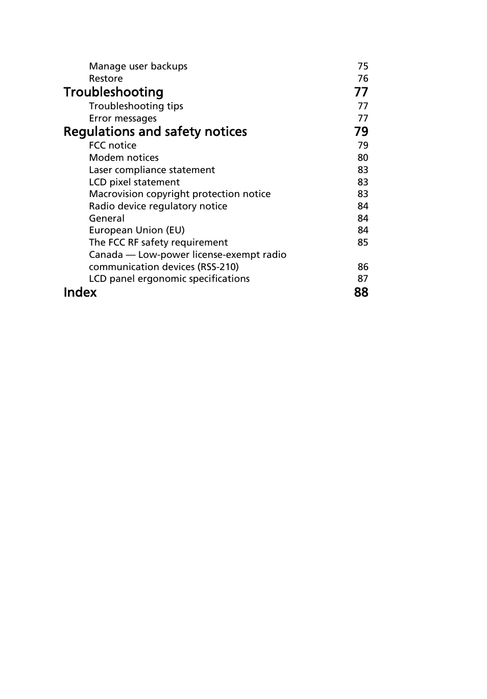 Troubleshooting 77, Regulations and safety notices 79, Index 88 | Acer Aspire 6920G User Manual | Page 20 / 109
