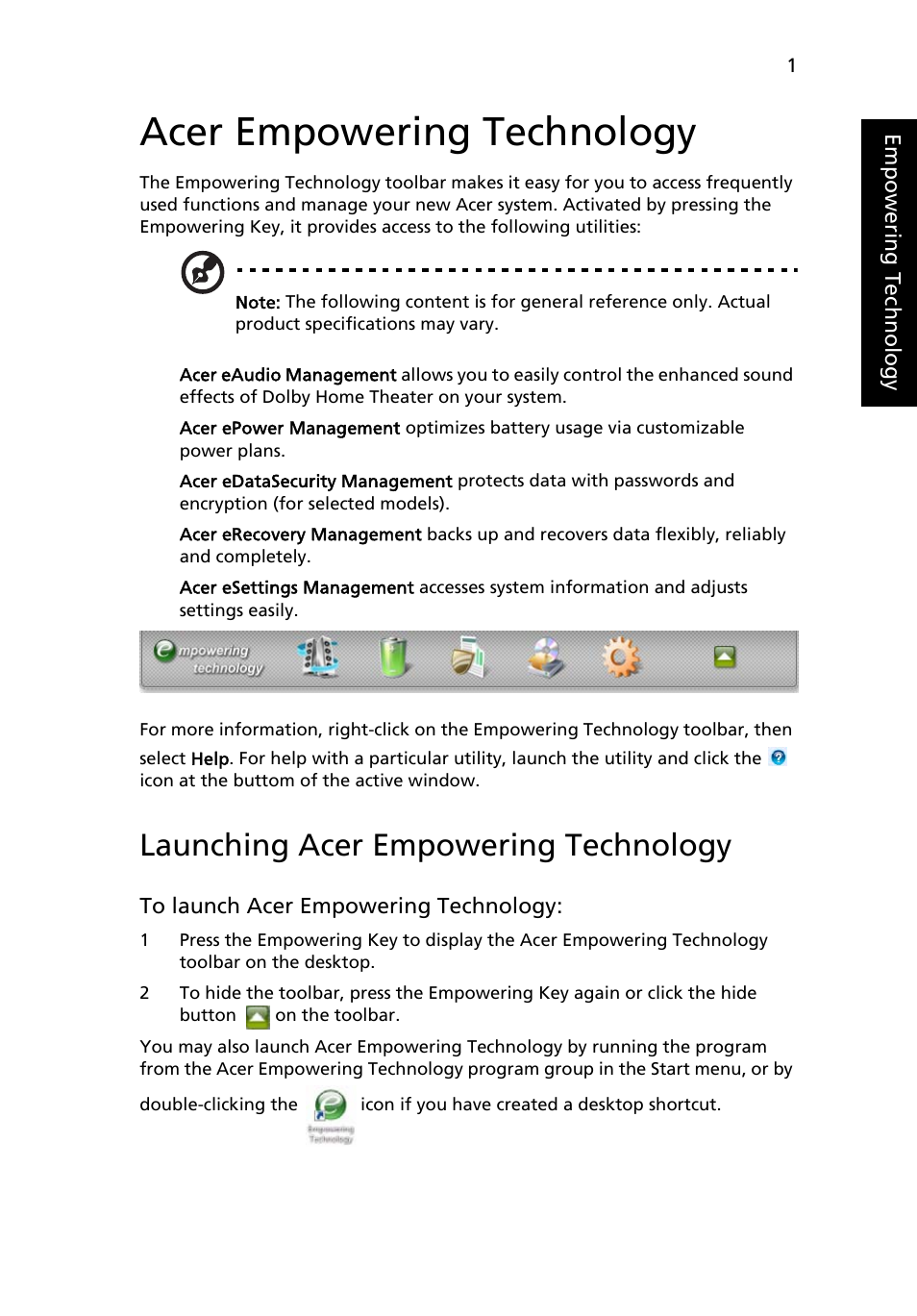 Acer empowering technology, Launching acer empowering technology | Acer Aspire 6920G User Manual | Page 21 / 109