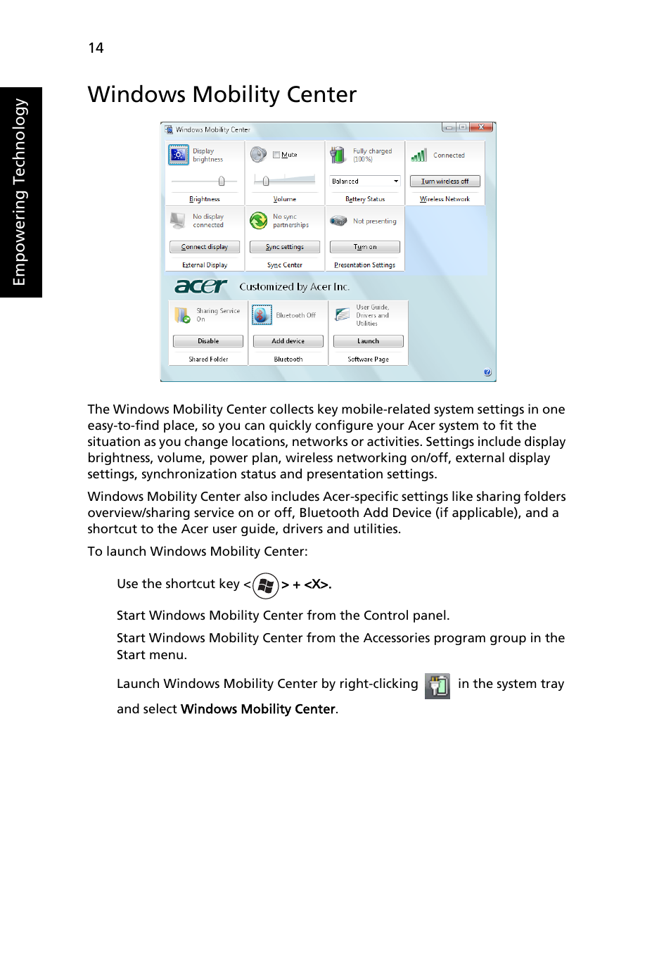 Windows mobility center | Acer Aspire 6920G User Manual | Page 34 / 109