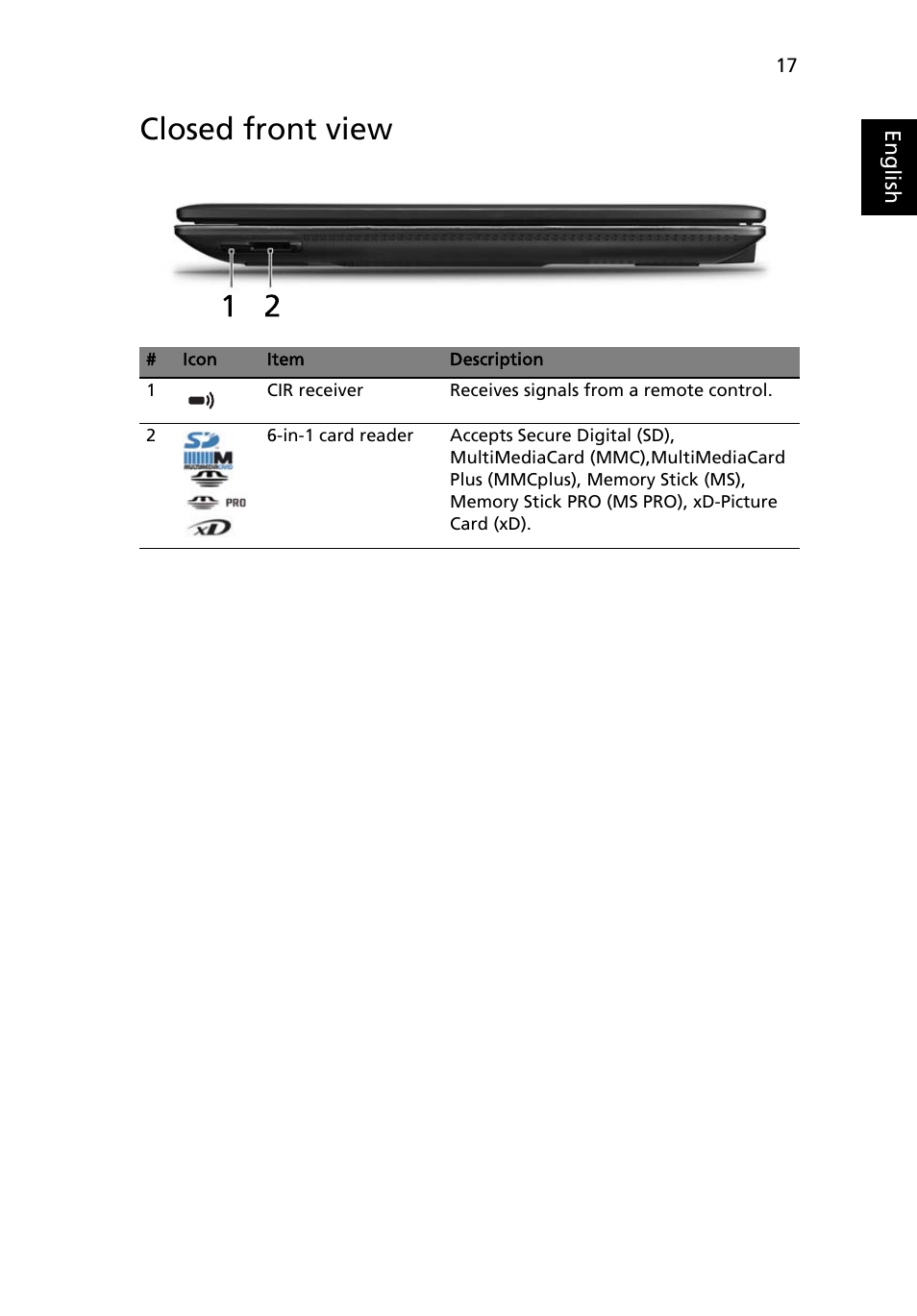 Closed front view | Acer Aspire 6920G User Manual | Page 37 / 109