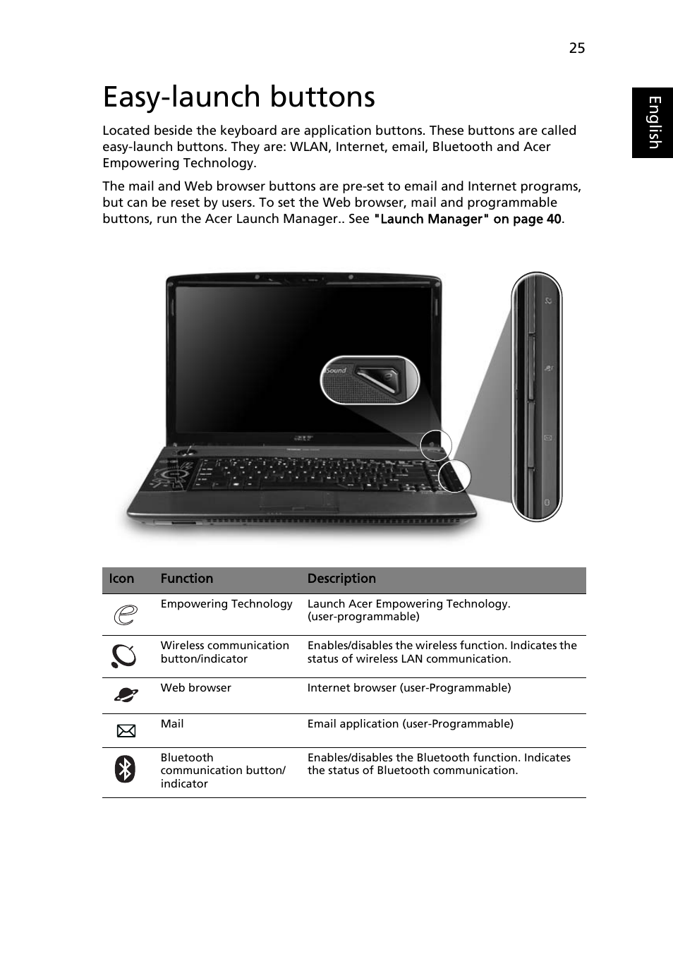 Easy-launch buttons, Eng lis h | Acer Aspire 6920G User Manual | Page 45 / 109
