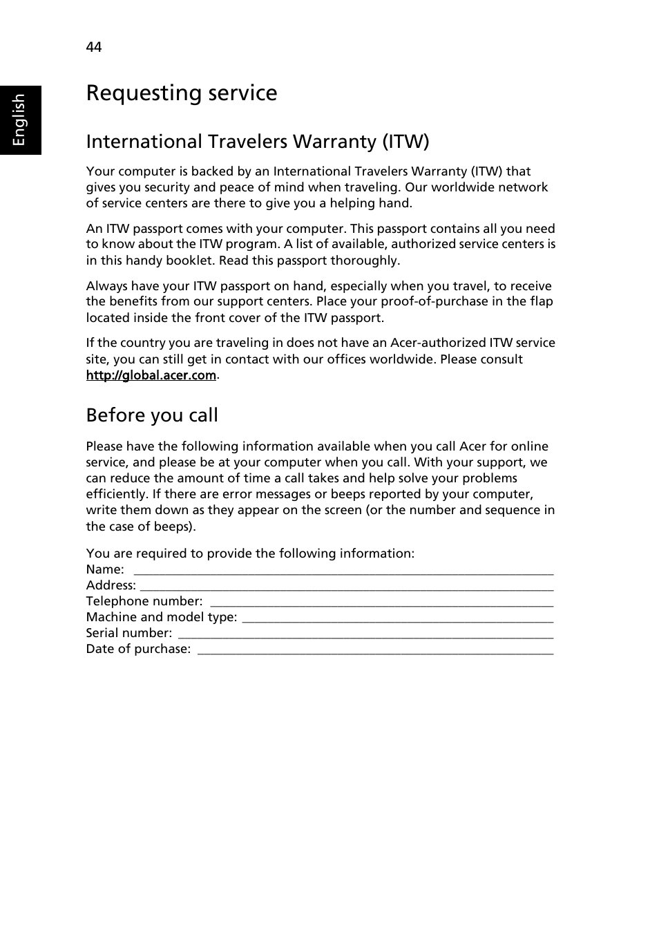 Requesting service, International travelers warranty (itw), Before you call | Acer Aspire 6920G User Manual | Page 64 / 109