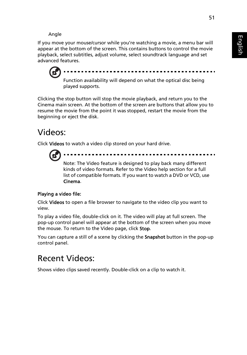 Videos, Recent videos, Playing a video file | Acer Aspire 6920G User Manual | Page 71 / 109