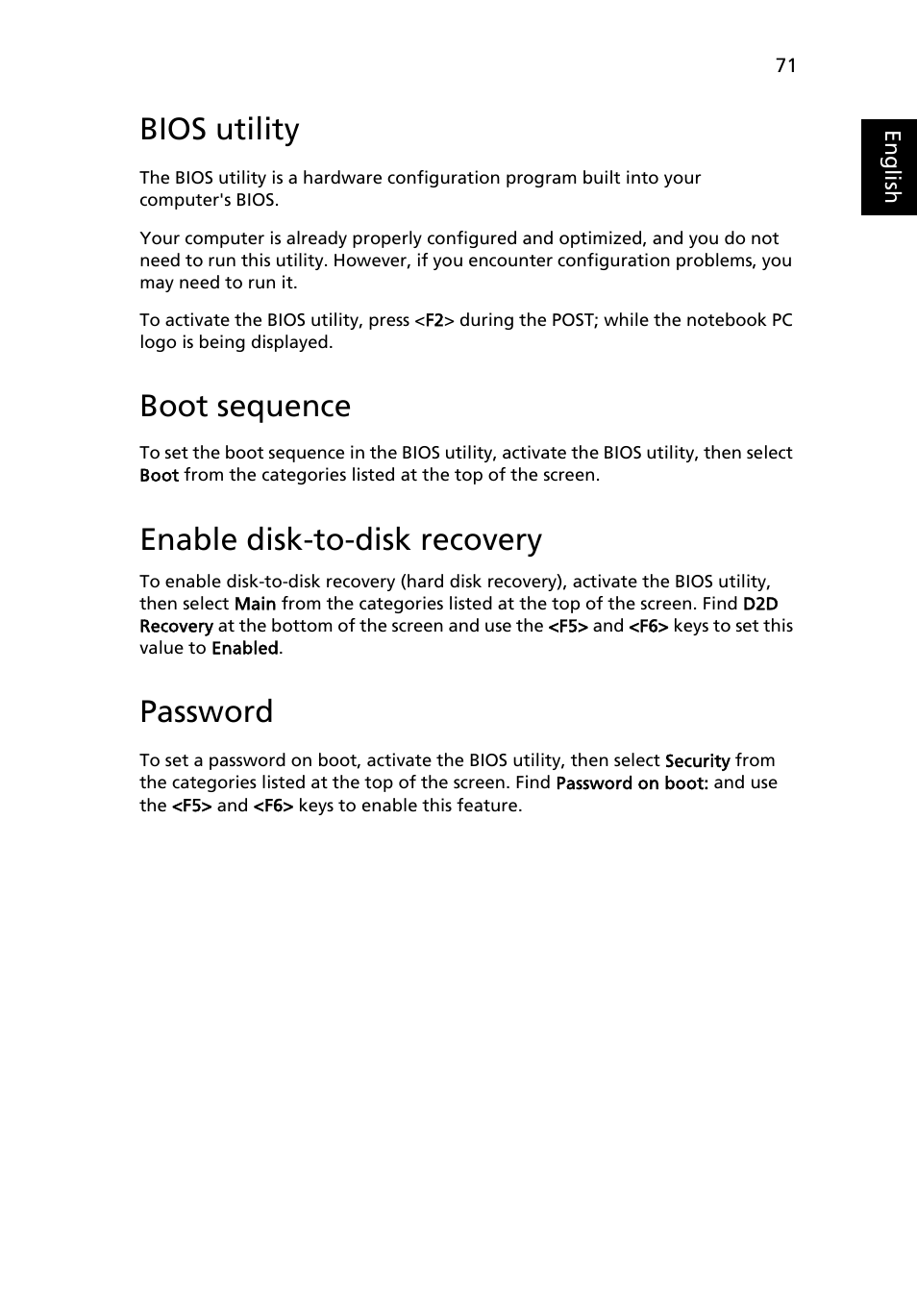 Bios utility, Boot sequence, Enable disk-to-disk recovery | Password | Acer Aspire 6920G User Manual | Page 91 / 109