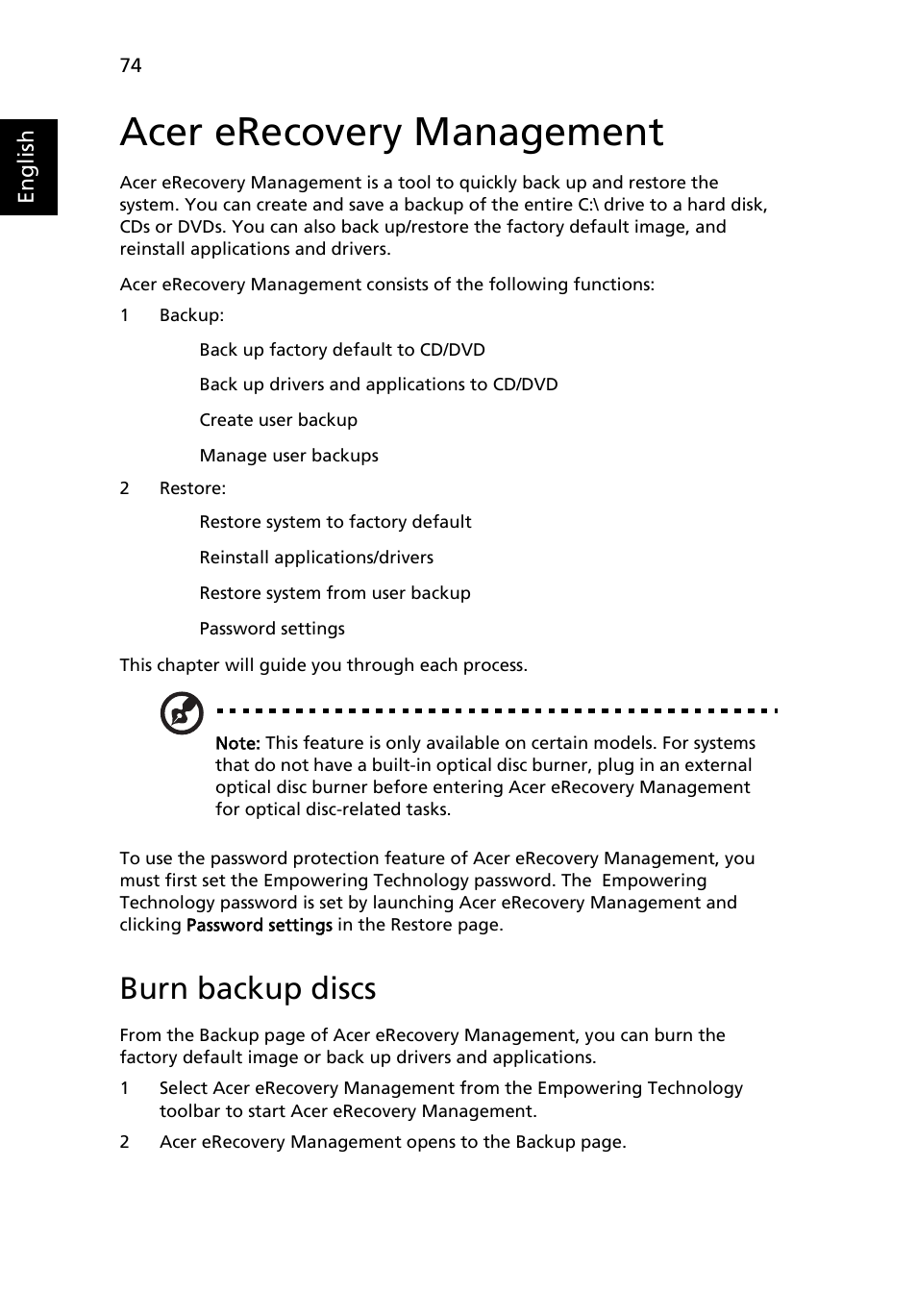Acer erecovery management, Burn backup discs | Acer Aspire 6920G User Manual | Page 94 / 109