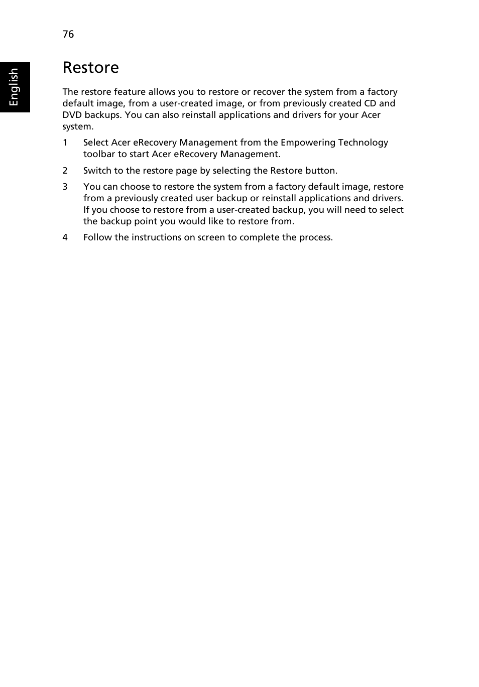 Restore | Acer Aspire 6920G User Manual | Page 96 / 109