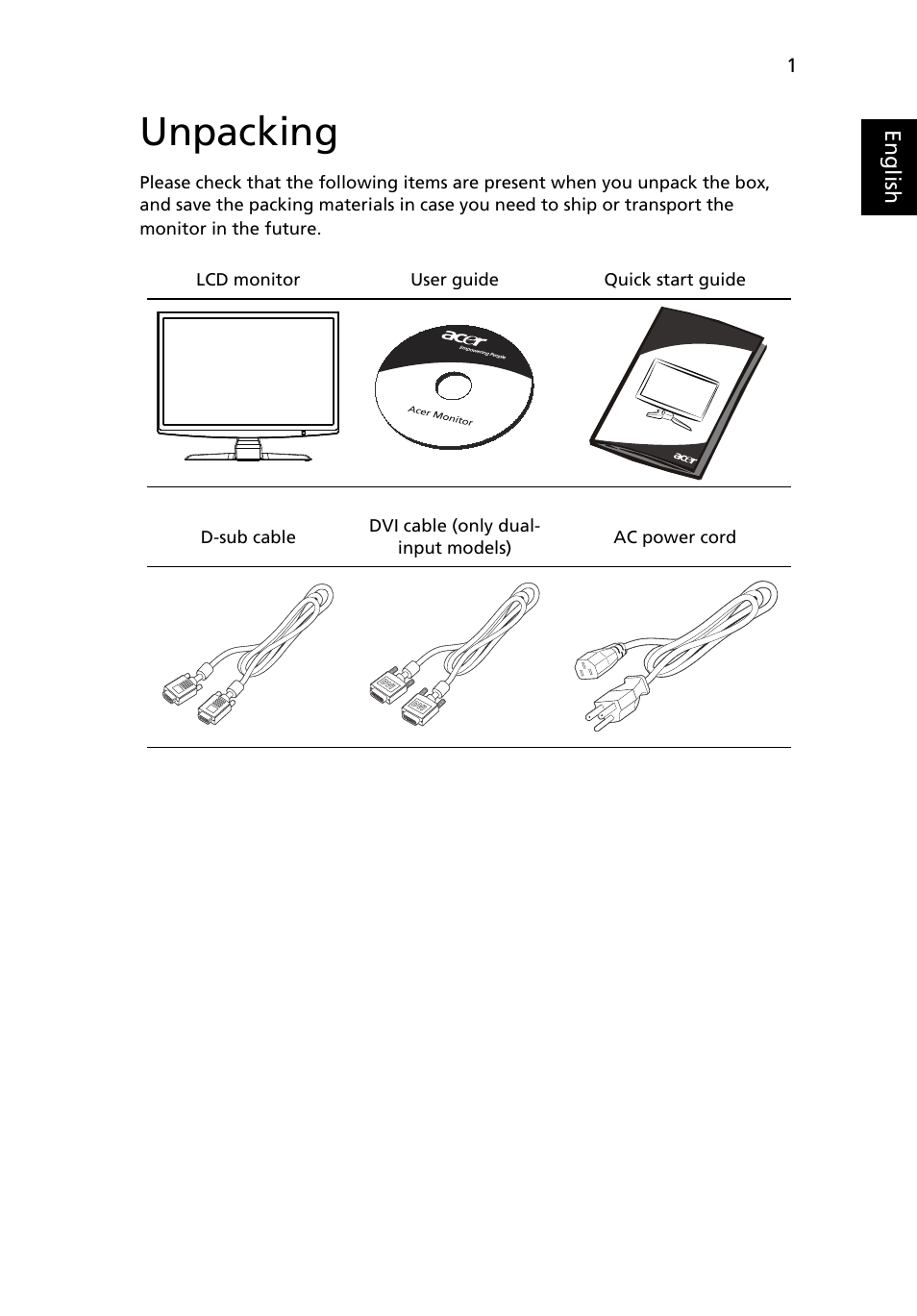 Unpacking | Acer P224W User Manual | Page 13 / 28