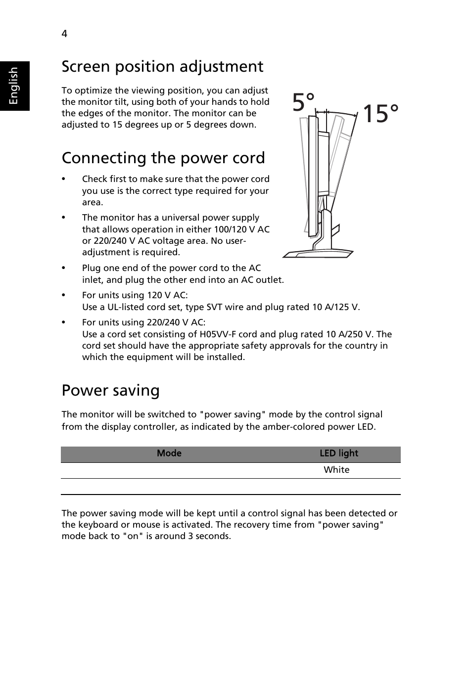 Screen position adjustment, Connecting the power cord, Power saving | Acer P224W User Manual | Page 16 / 28