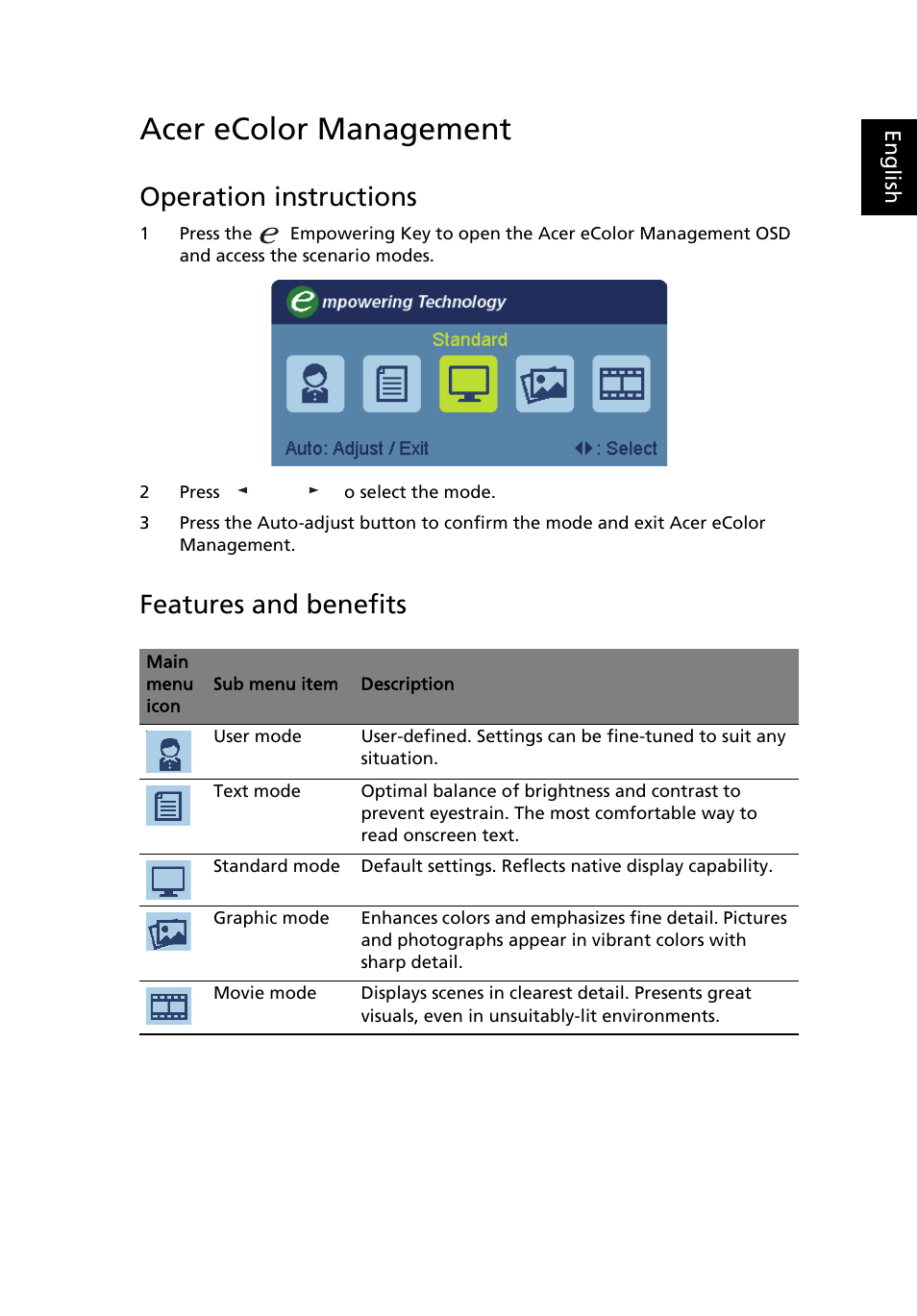 Acer ecolor management, Operation instructions, Features and benefits | Acer P224W User Manual | Page 22 / 28