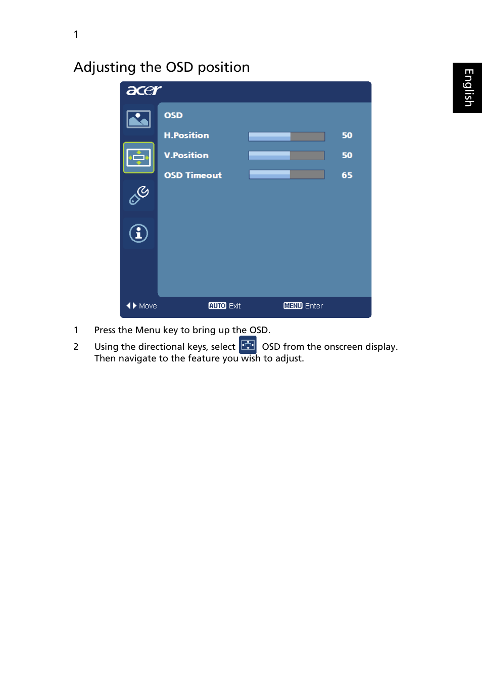 Adjusting the osd position | Acer P224W User Manual | Page 24 / 28