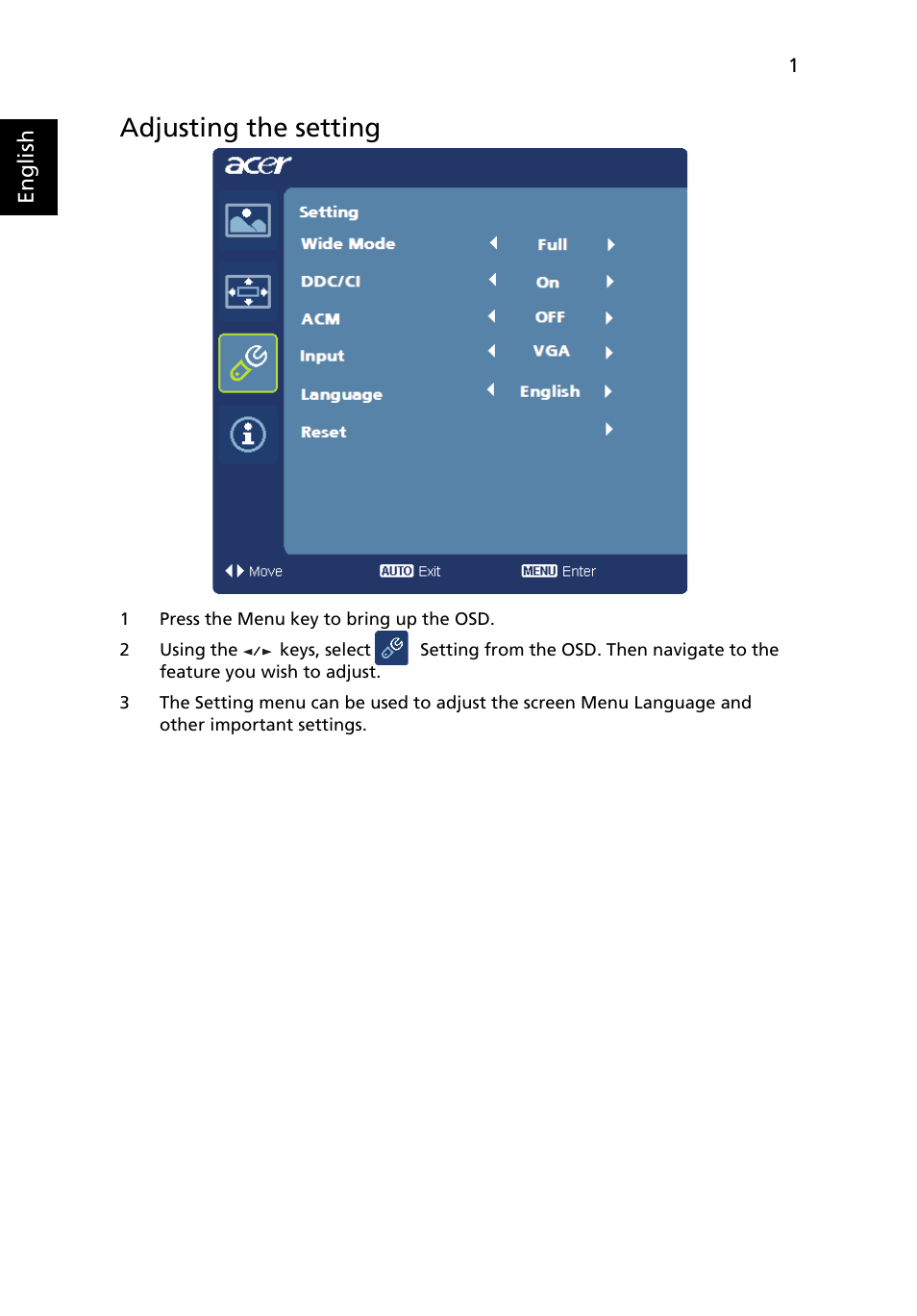 Adjusting the setting | Acer P224W User Manual | Page 25 / 28